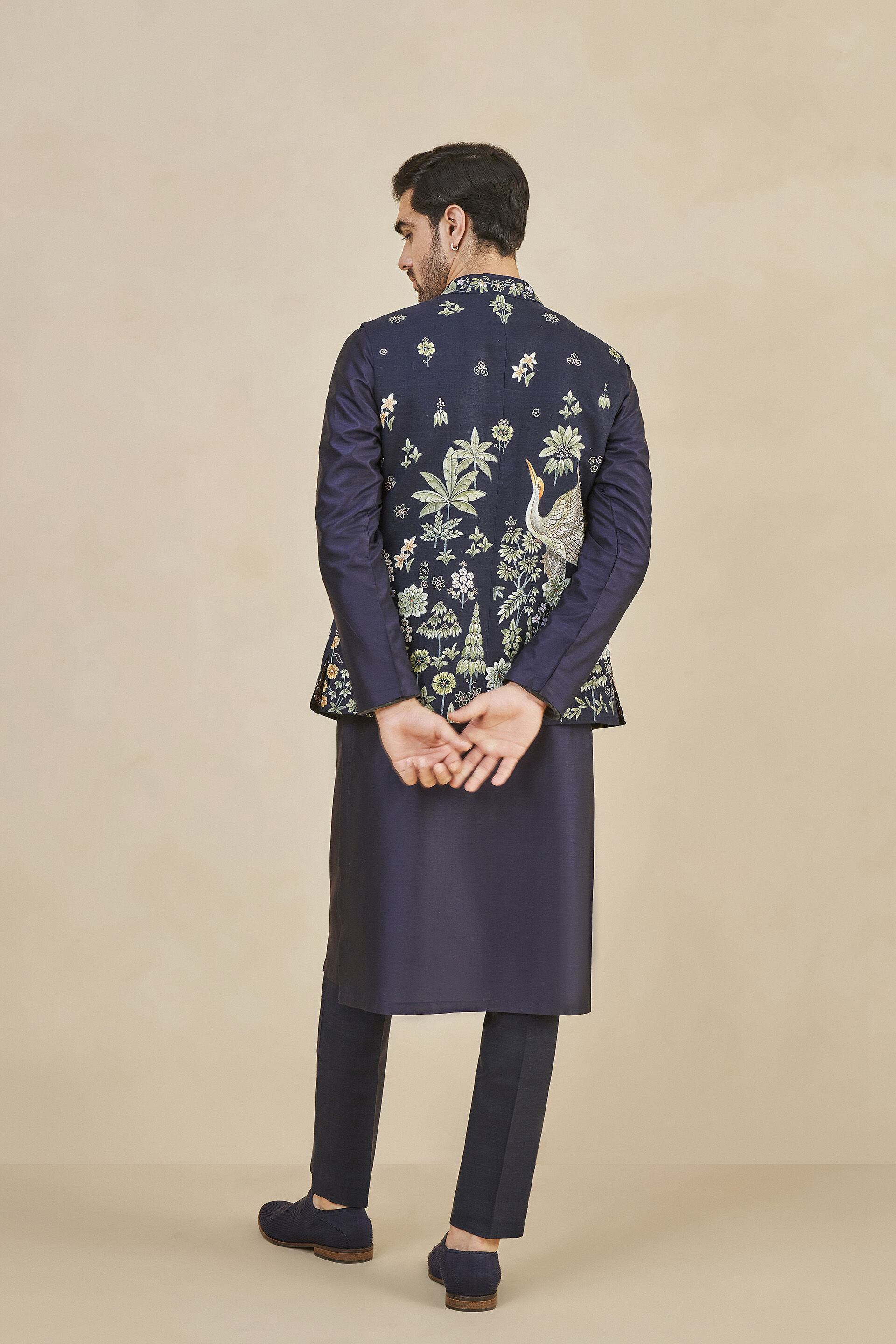 The Flamingo Spirit Hand-painted Pichhwai Silk Nehru Jacket - Navy, Navy, image 3